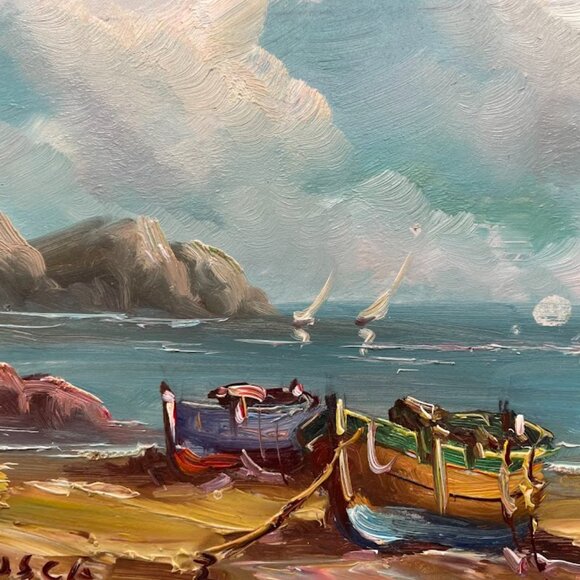 Small Oil Painting on Fiberboard Fishing Boats Sailboats Seashore Island Signed - Picture 3 of 7